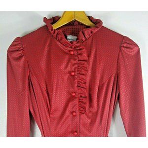 Women's Girls Vintage Disco Dress 70s Red Floral Long Sleeve Ruffle 14.5 / Small